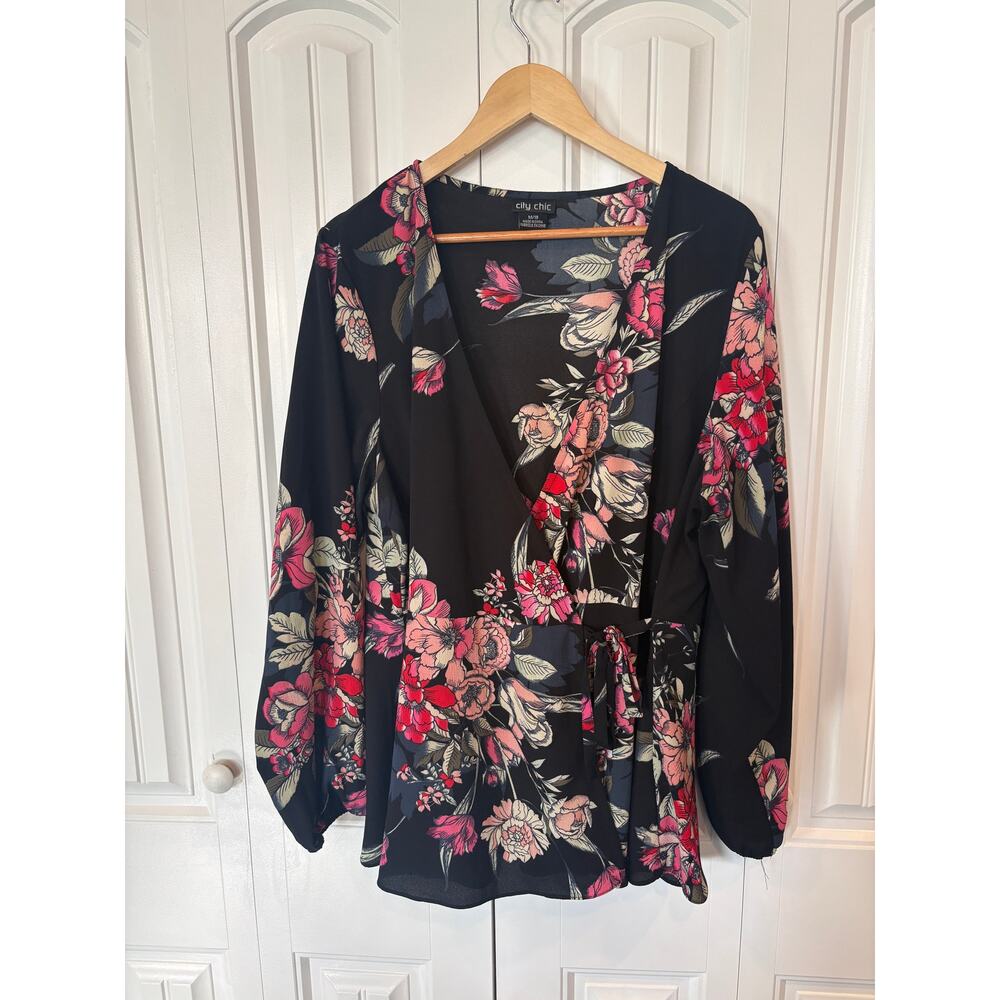 City Chic Burgundy Floral Wrap Style Blouse Size 18